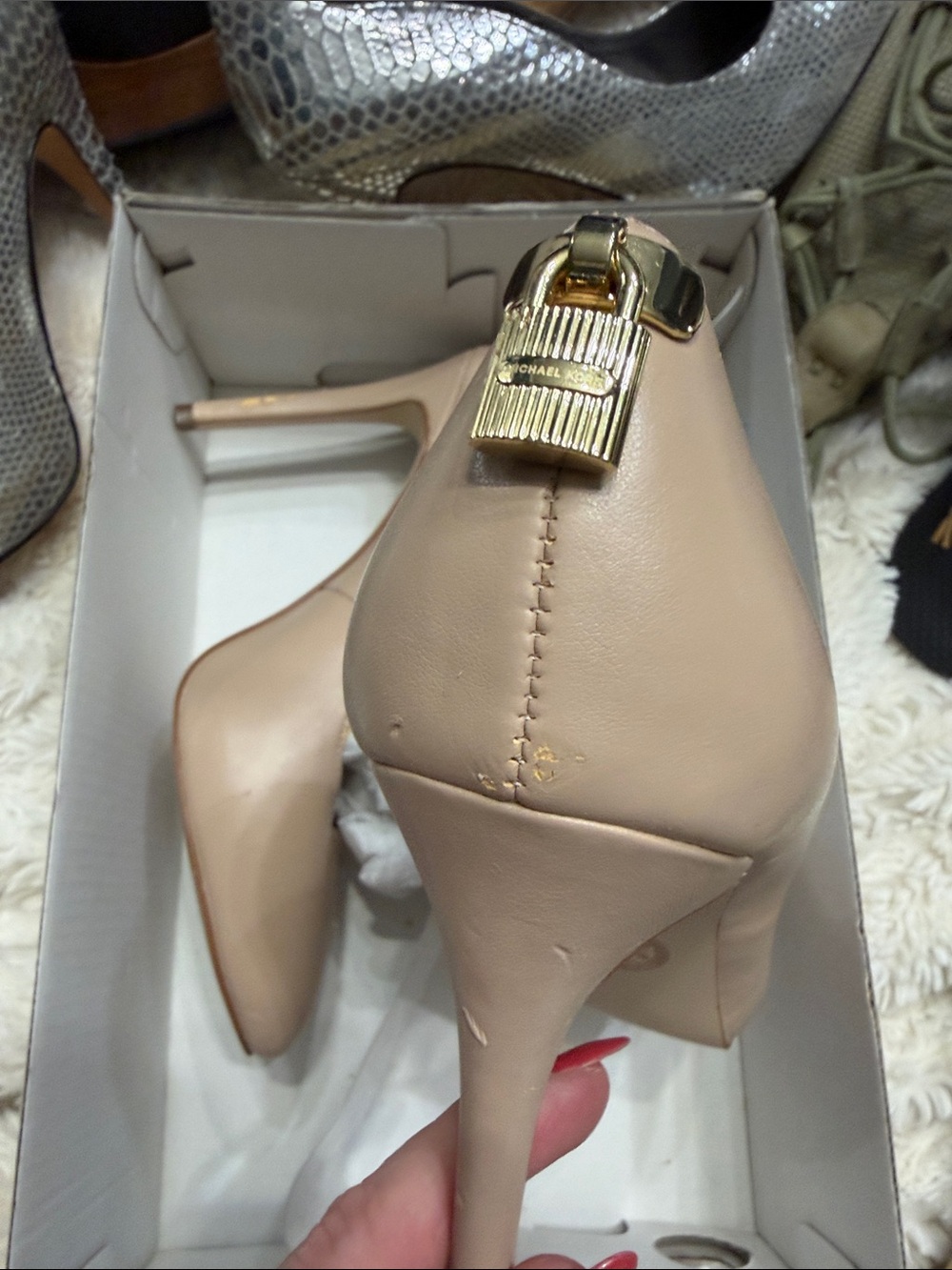 Michael Kors Blush Nude Leather Pointed-Toe Pump with Gold Padlock - flaws